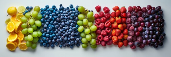 Colorful assortment summer fruits berries arranged in rainbow spectrum, evoking freshness healthiness; ideal healthy eating, summer, dietary themes.