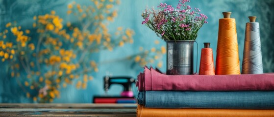 Colorful sewing materials including fabric rolls, threads, flowers, and a sewing machine placed on a wooden table with a vibrant background.