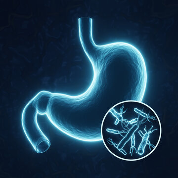 Neon glow human stomach and helicobacter pylori bacteria cells on blue background. Gastritis disease. 3d-rendering