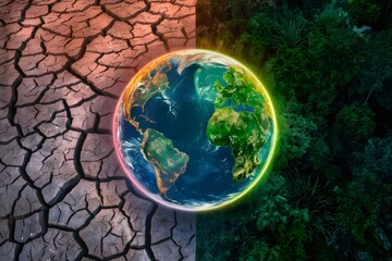 Juxtaposition of Earths environment barren land in warm light vs lush greenery in cool tones