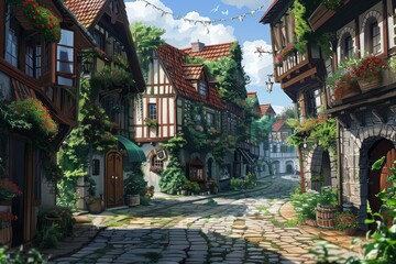 Obraz premium Digital artwork of a charming medieval village with cobblestone streets and timbered houses