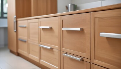 Wooden cabinets with silver handles against a blurred background