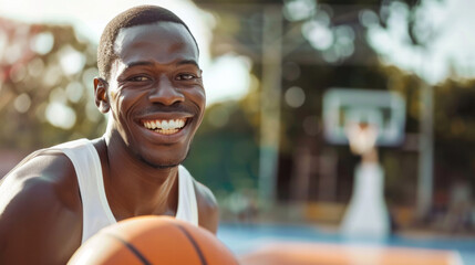 A young African-American man holding a basketball and smiling, standing on an outdoor court with a blurred background - Powered by Adobe