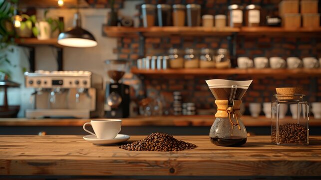 Cozy coffee shop interior with a chemex coffee maker, coffee beans, and a cup against a rustic wooden countertop and brick wall background.