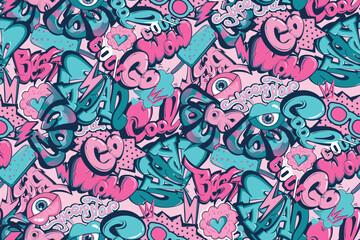 Graffiti lettering seamless pattern with lips eye, comics style, speech cloud, hearts, street art style text Go, Cool, wow, best. Fashion typography print for sport, fashion clothes, wrapping paper