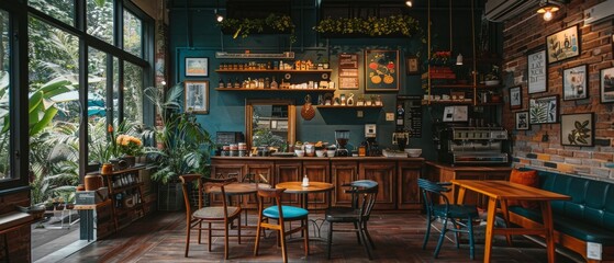 Cozy cafe interior with wooden furniture, green plants, and rustic decor creating a warm and inviting atmosphere for customers.
