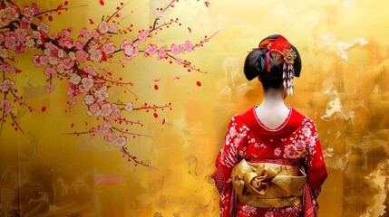 Geisha against the background of an old wall with golden elements in Japanese style.