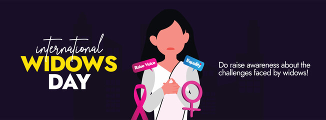 International Widows day. 23rd June international widows day celebration cover banner, post r with a widow woman in white dress, woman sign and pink ribbon to show support they need.