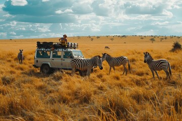 A group of zebras were grazing in the grassland, with an open jeep parked nearby and tourists sitting on top looking at them. The photo was taken from afar in the style of Anthropic. 