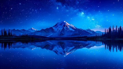 Naklejka premium Majestic Mountain Reflects Perfectly In A Calm Lake Under A Star-Filled Night Sky