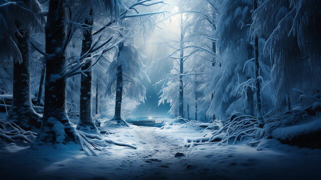 A snow-covered forest with tall pine trees and a path leading into the distance. The trees are bare, and the snow is thick on the ground.

