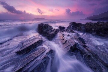 A long exposure photograph of rugged rocks on the sea shore, taken at dawn with mist swirling...