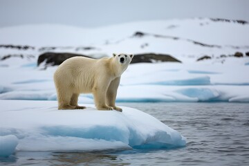 Majestic polar bear stands on ice floe in frozen Arctic landscape