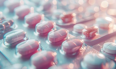 A close up of pills and tablets in packaging on a table