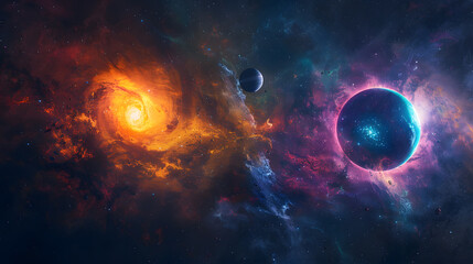 A colorful space scene with a glowing orange ball in the center