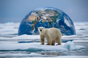Polar bear stranded on melting ice with Earth background, showcasing Arctic habitat