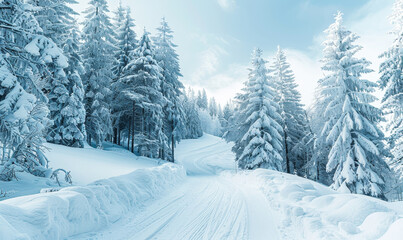 Fototapeta premium Serene Snow-Covered Pine Trees on a Winter Hillside in the Early Morning