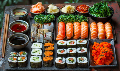 Exquisite Japanese Sushi Platter with Soy Sauce, Chopsticks, and Assorted Rolls and Sashimi on Black Slate Plates, Red and Black Background - Ideal for Culinary Enthusiasts and Food Photography