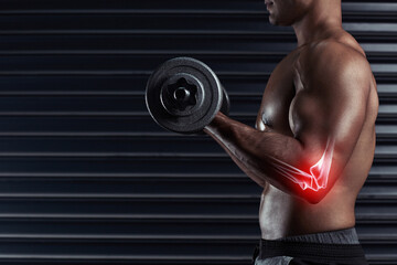 Man, dumbbell and workout for elbow injury at gym, accident and fibromyalgia or red glow for...