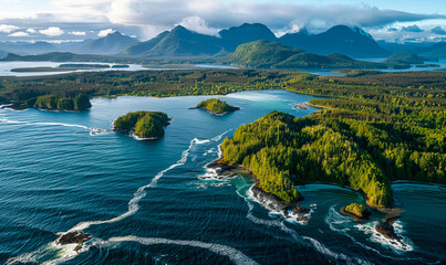 Aerial View of Tofino's Lush Greenery & Surrounding Ocean in Vancouver Island, Canada on Clear Day Demonstrating Nature's Untouched Beauty & Rugged Coastline for Adventure & Scenic Travel Enthusiasts