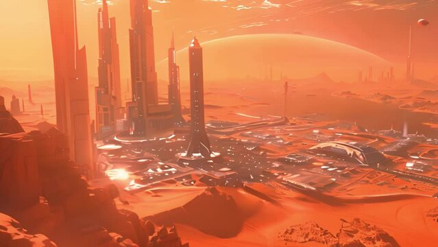 This futuristic space station hovers in orbit above a distant alien planet, surrounded by stars and nebulae.