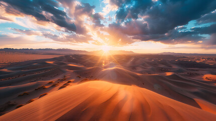 A desert landscape with a beautiful sunset in the background