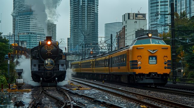 Black Steam Locomotive And A Modern Yellow Train Side By Side On Parallel Tracks In An Urban Setting