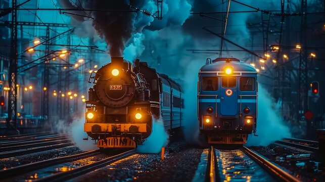 Black Steam Locomotive And A Blue Modern Train Run Side By Side On Parallel Tracks