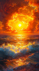 Fiery Golden Sunset Over Pacific Ocean with Dramatic Clouds & Vibrant Reflection on Wavy Waters, Capturing Natural Beauty and Serene Evening Atmosphere, Ideal for Travel Inspiration and Nature Lovers