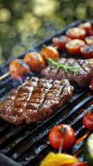 Grilled meat and vegetables on a barbecue with smoky aroma. Perfect for summer cookouts and festive outdoor gatherings.