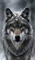 Intense Closeup of an Angry Snow-Covered Wolf with Blurred Background in a Greyscale Winter Wilderness Setting, Portraying Power, Strength, and Wild Nature