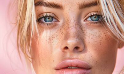 Close-up of Beautiful Blonde Woman with Freckles Against Pink Background, Capturing Natural Beauty, Freshness, and Youthful Vibe