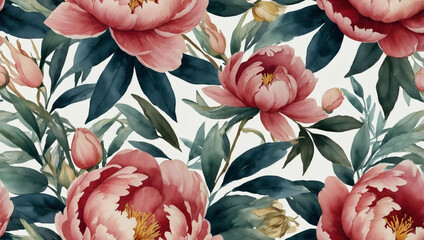 Soft watercolor peony pattern for textiles, with delicate blooms and green foliage in a boho style.