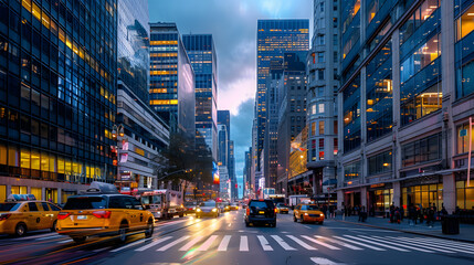 Obraz premium A city skyline with tall buildings and a clear blue sky