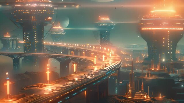 This modern cityscape at night, featuring a futuristic city skyline with a prominent bridge in the foreground.