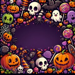 Halloween Frame with Pumpkins, Skulls, and Full Moon

