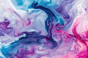 Abstract liquid marble texture background with pink, purple and blue colors. Acrylic paint swirls and waves for a creative design. Close up view of flowing acrylic fluid art in the style of flowing ac