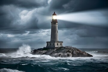 Resilient lighthouse standing tall on rocky outcrop, emitting powerful light against stormy seas