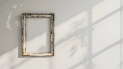 An empty frame hangs on a white wall with shadows in the background.
