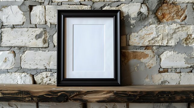 Black wooden photo frame with white mount on a rustic wooden shelf against a stone wall background.