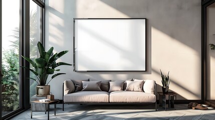 Bright home interior with sofa and plants