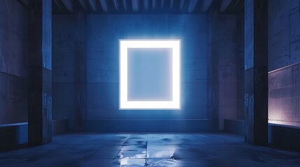 The image is a dark room with a glowing blue square in the center. The room is made of stone and has a high ceiling. The floor is covered in water. - Powered by Adobe