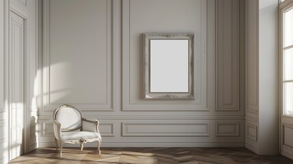 The image shows a classic style room with a white armchair, a blank frame on the wall and wooden floor.
