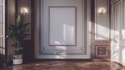 The image shows the interior of a room with a large blank frame on the wall
