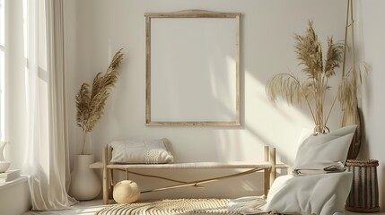 The minimalist interior of the living room. There is a wooden bench, a carpet, a large empty frame on the wall, and some dry plants in a vase.