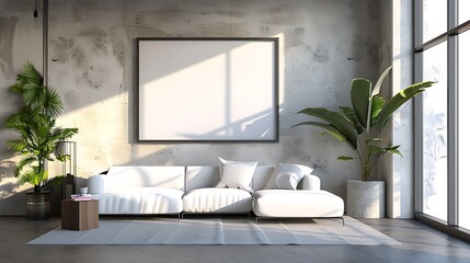 The photo is of a bright, modern living room with a large white sofa, plants, and a big window