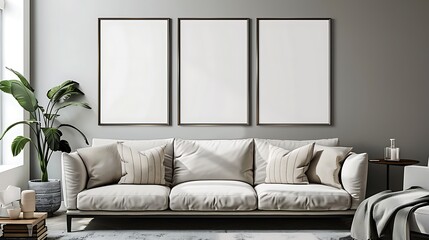 Three blank frames on the wall in living room