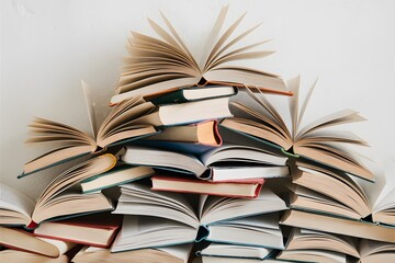 Fototapeta premium Colorful stack of open books in varying sizes, minimalist aesthetic against white background