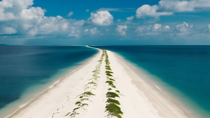 A sand spit or narrow strip of land extending from a tropical island, stretching off into the distance. A beautiful, sunny summer landscape with a white sandy beach
