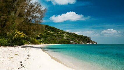 Fototapeta premium A sand spit or narrow strip of land extending from a tropical island, stretching off into the distance. A beautiful, sunny summer landscape with a white sandy beach